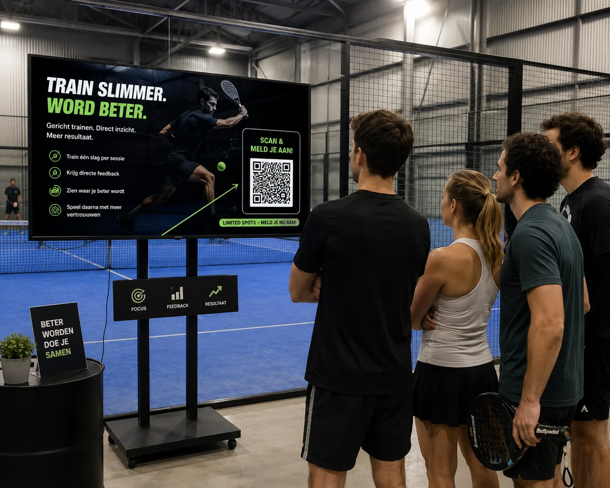 Spelers kiezen hun Palavado-training via de QR-code bij de baan.
