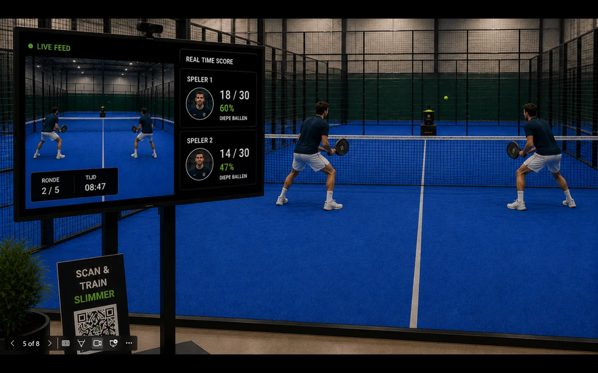 Twee padelspelers gaan samen de uitdaging aan en volgen hun scores op het scherm.
